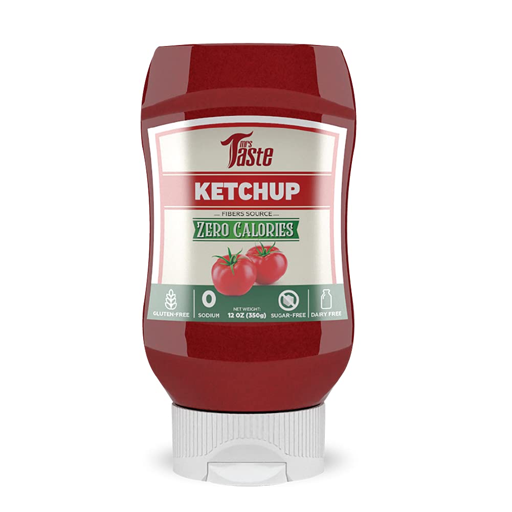 Mrs Taste Sugar Free Ketchup bottle pouring for lighter meals.