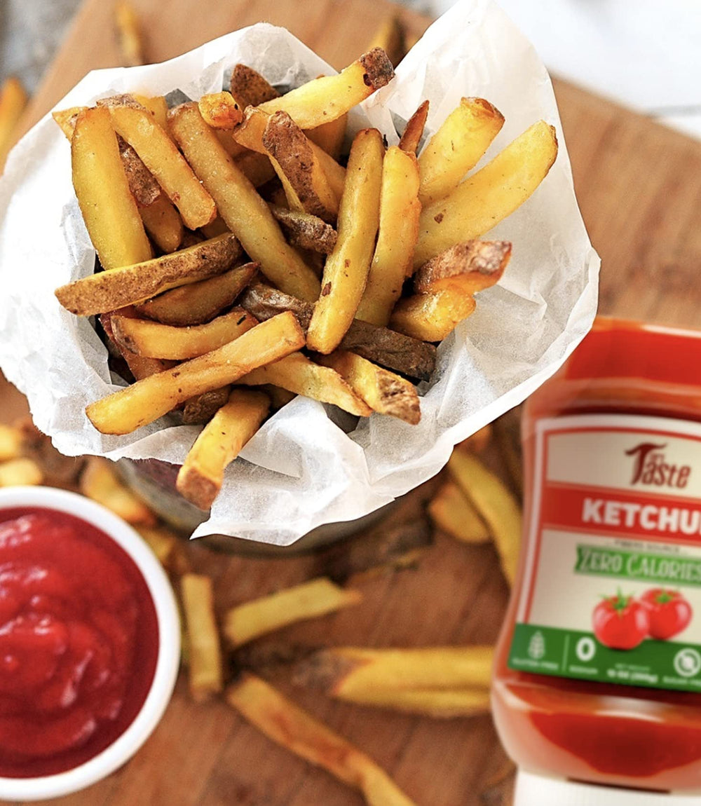 Mrs Taste Sugar Free Ketchup with burger, keto-friendly condiment.