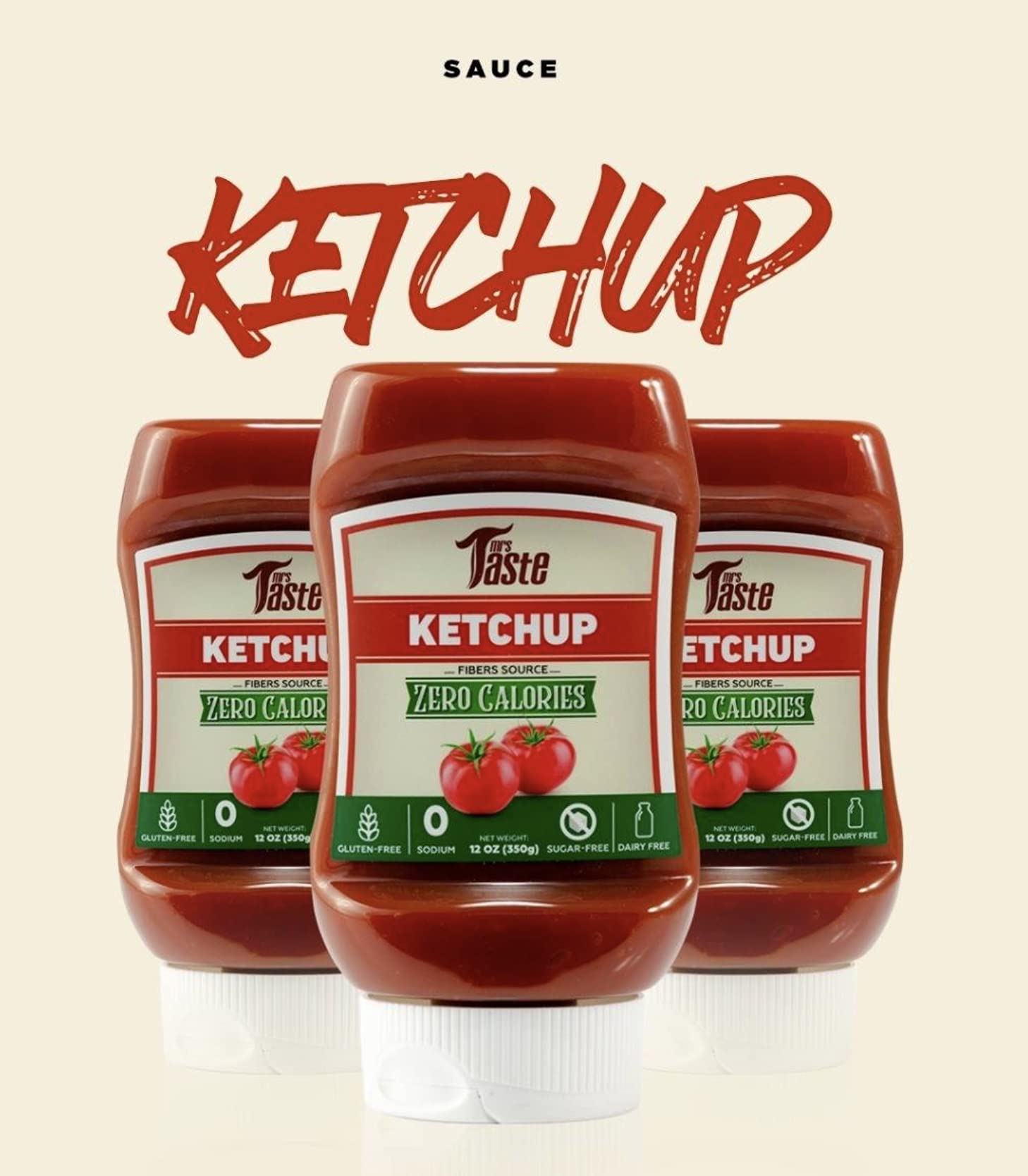 Glass bottle of Mrs Taste Sugar Free Ketchup on kitchen counter, keto-friendly.