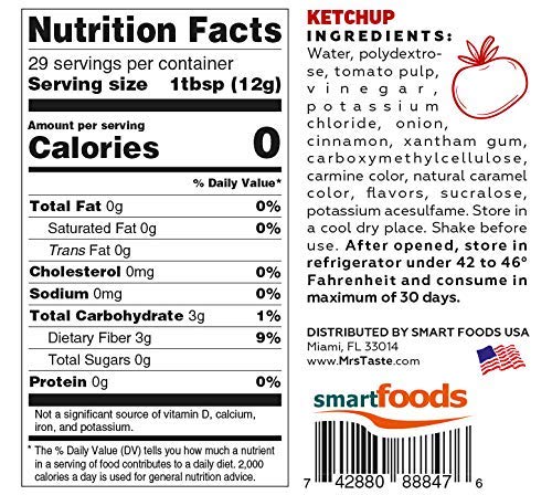 Close-up of Mrs Taste Sugar Free Ketchup label, clean ingredients.