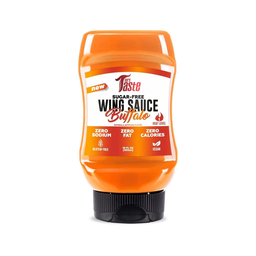Mrs Taste Sugar Free Buffalo Sauce bottle displays zero calories and bold flavor.