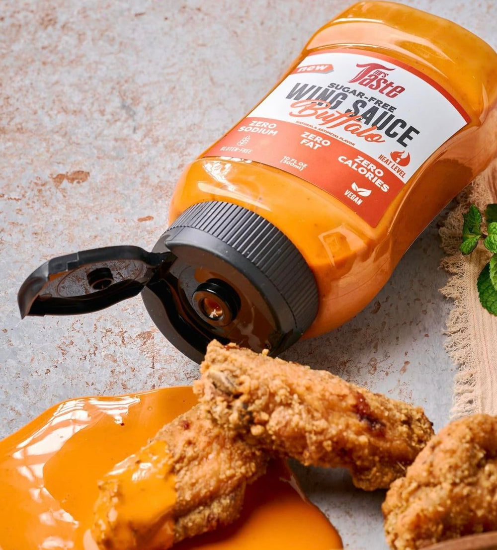 Mrs Taste Buffalo Sauce label highlights clean ingredients and brand trust.