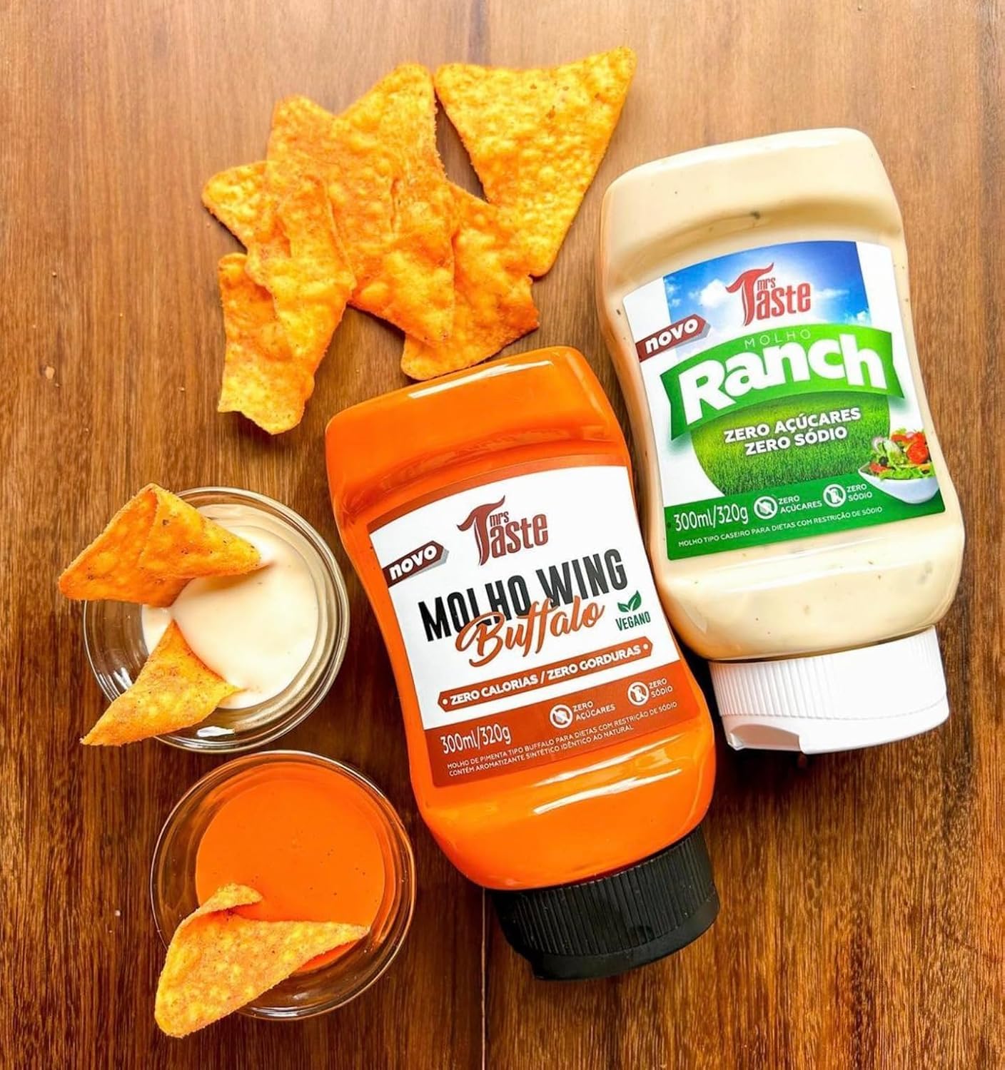 Mrs Taste Sugar Free Buffalo Sauce packaging on a shelf ready for kitchen use.