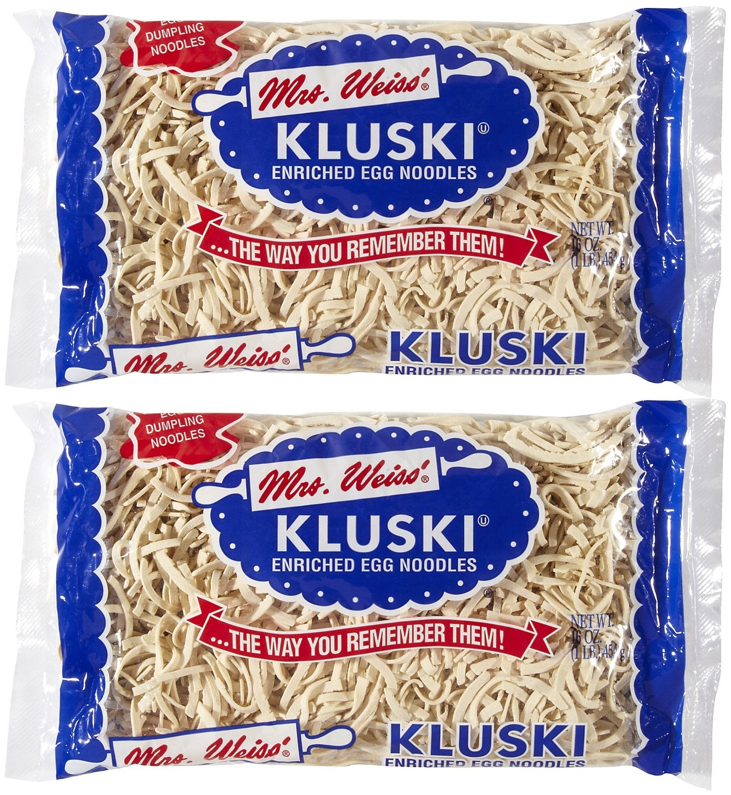 Mrs. Weiss Kluski egg dumplings 2pk-pack ready to simmer in soups and stews.