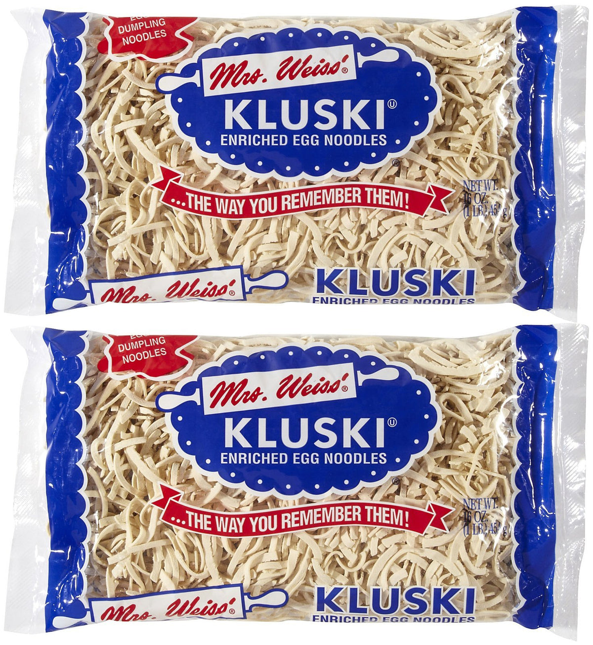 Mrs. Weiss Kluski egg dumplings 2pk-pack ready to simmer in soups and stews.