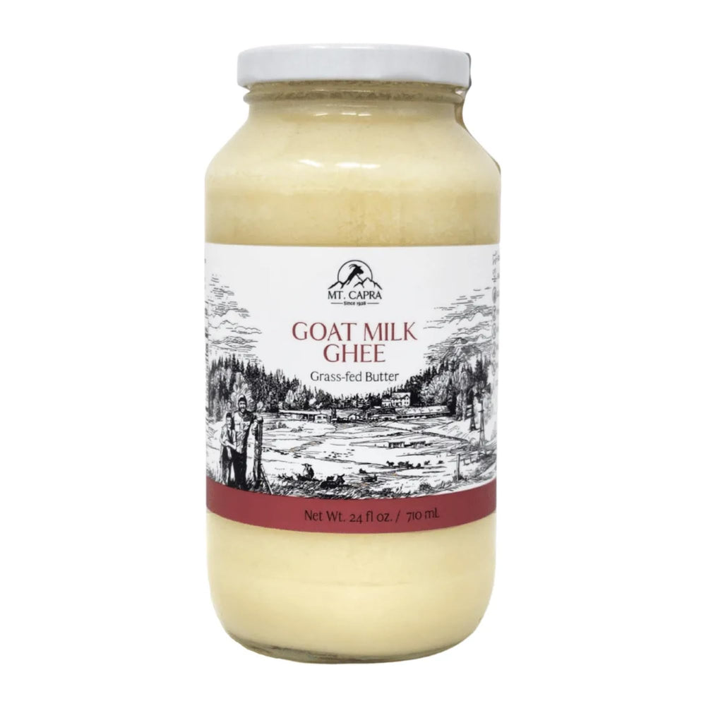 Mt. Capra Goat Milk Ghee bottle front view, unsalted and grass-fed, ideal for high-heat cooking.