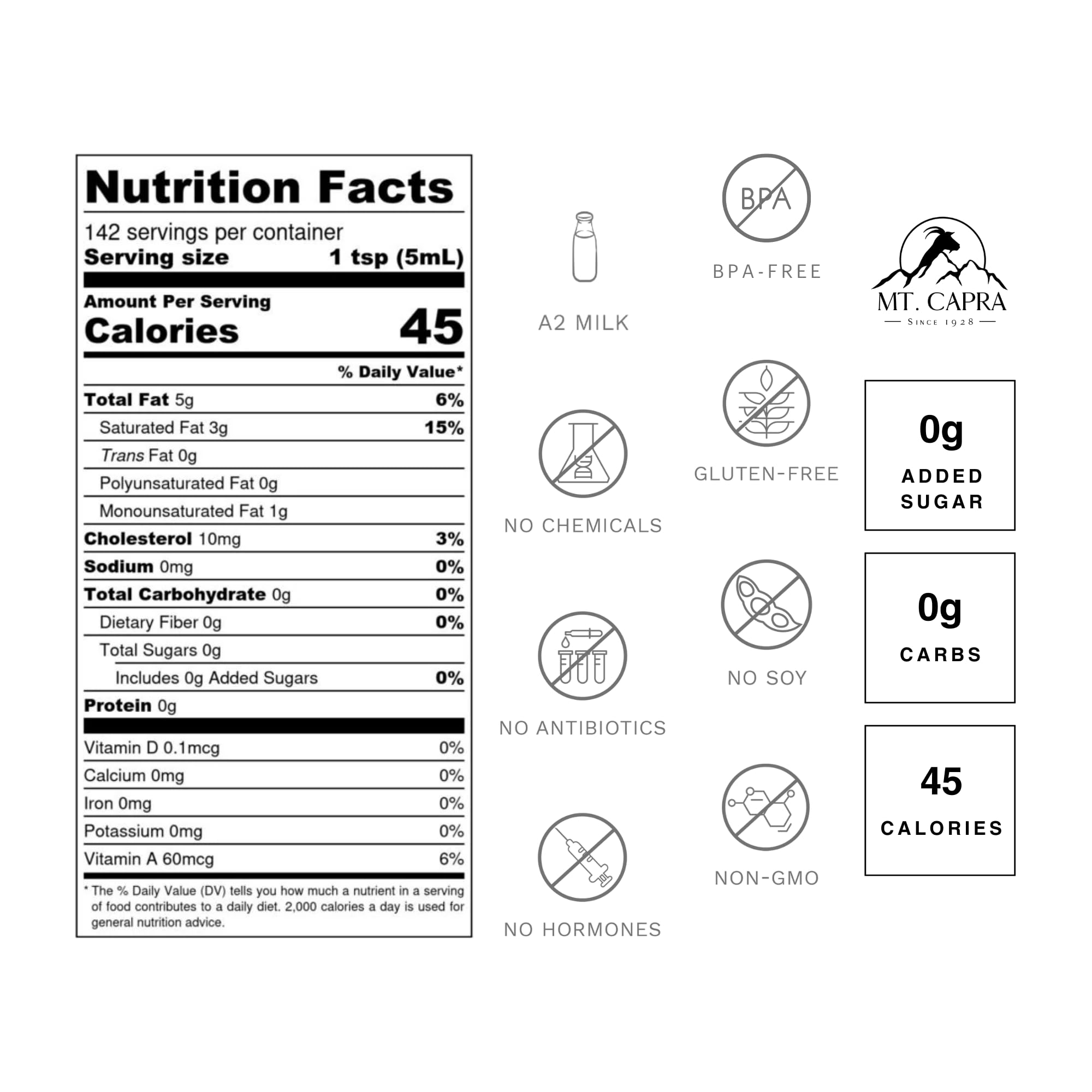Mt. Capra Goat Milk Ghee ingredients label, pasture-sourced fats for clean cooking.