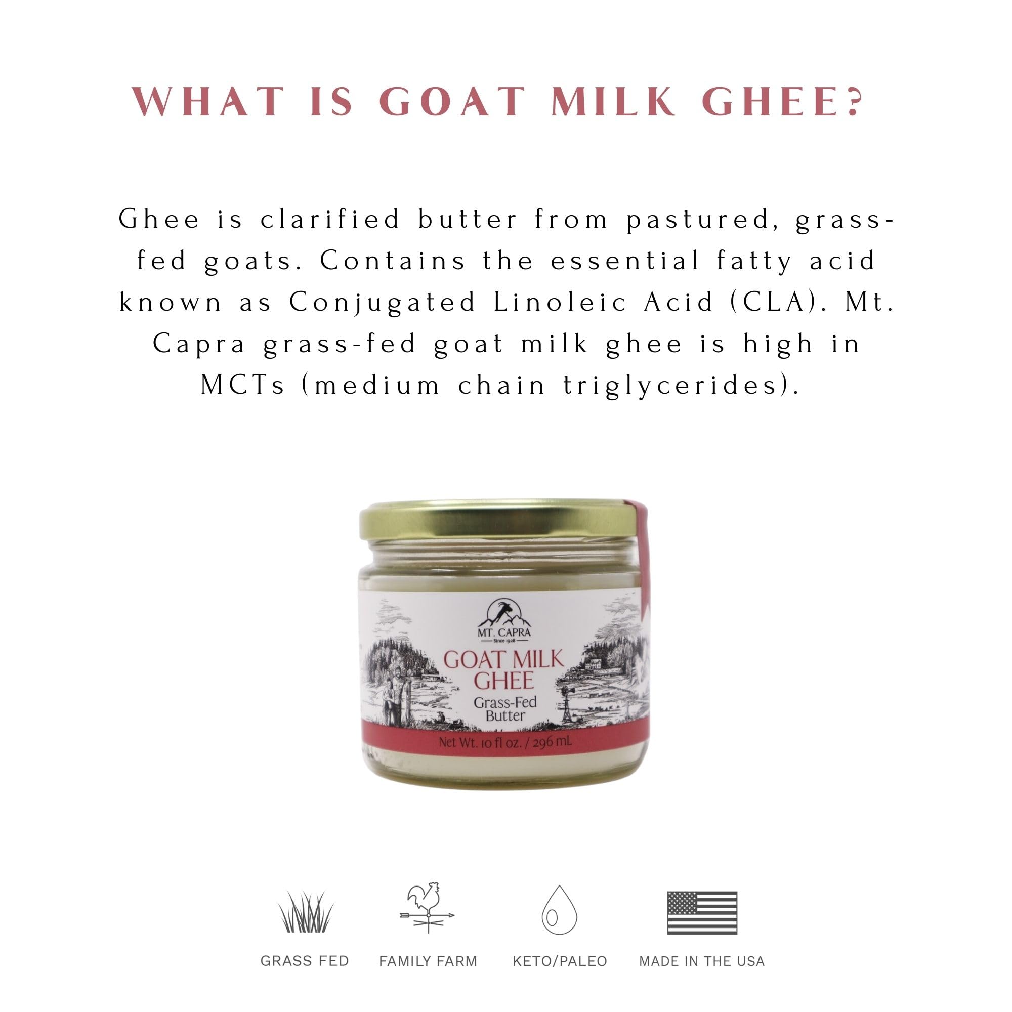 Mt. Capra Goat Milk Ghee jar close-up highlighting unsalted clarity.