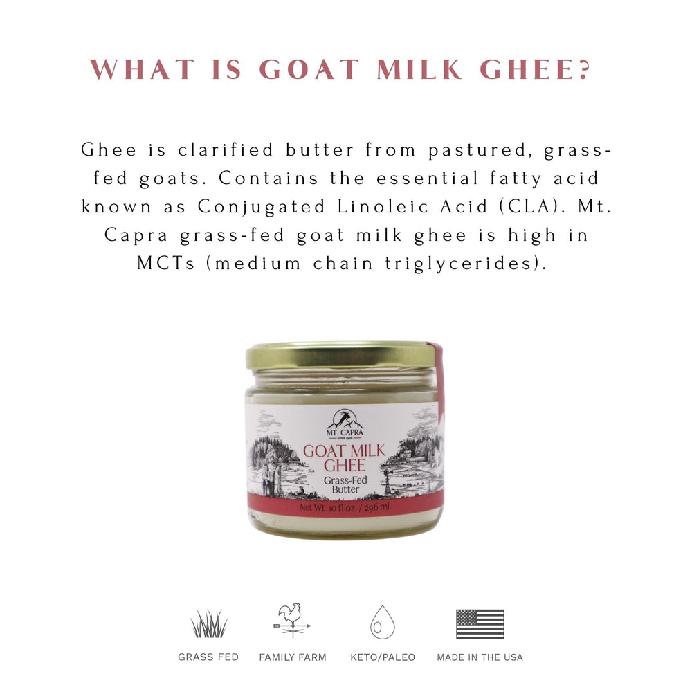 Mt. Capra Goat Milk Ghee jar close-up highlighting unsalted clarity.