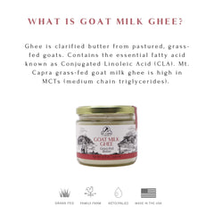 Mt. Capra Goat Milk Ghee jar close-up highlighting unsalted clarity.