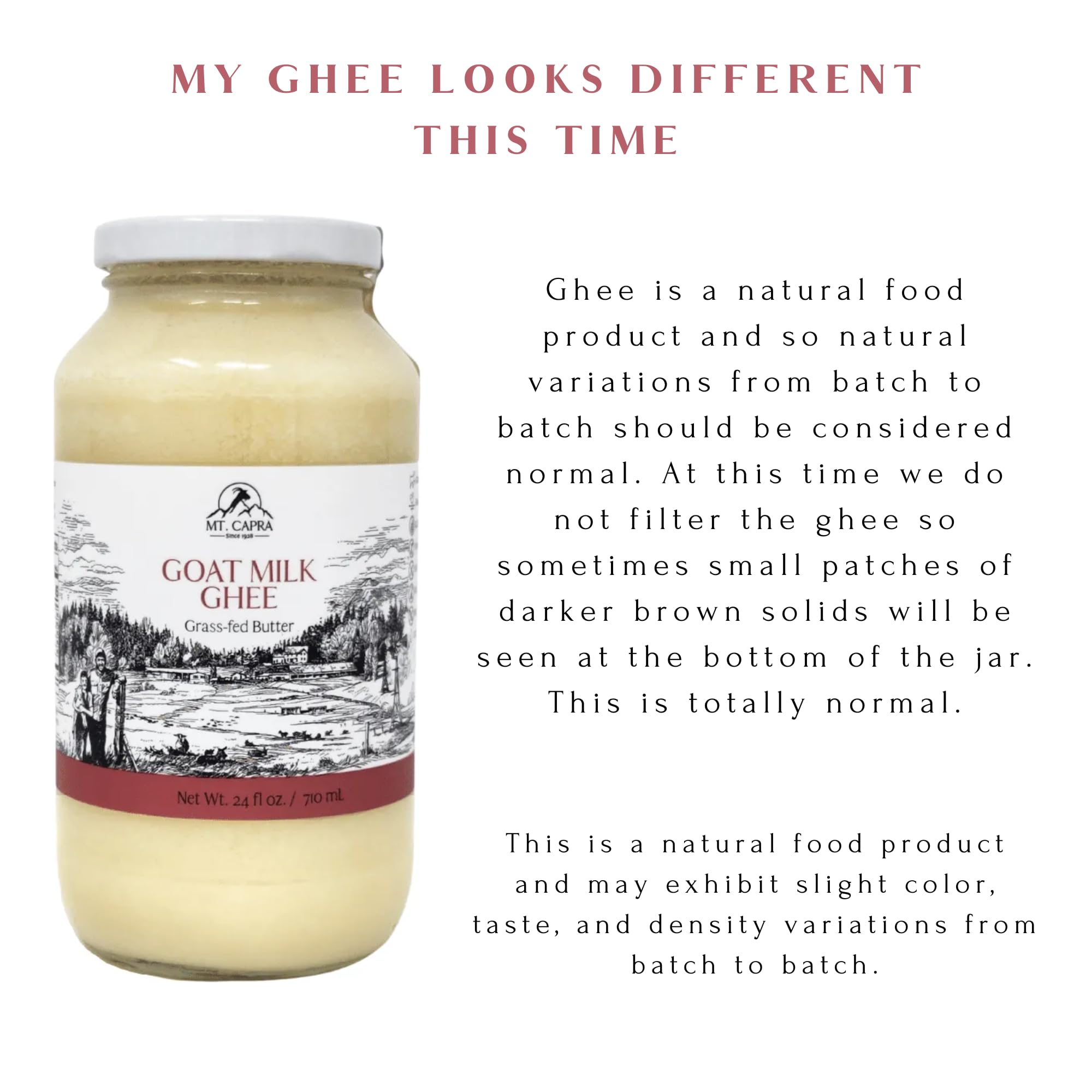 Mt. Capra Goat Milk Ghee unsalted label highlights versatile cooking.