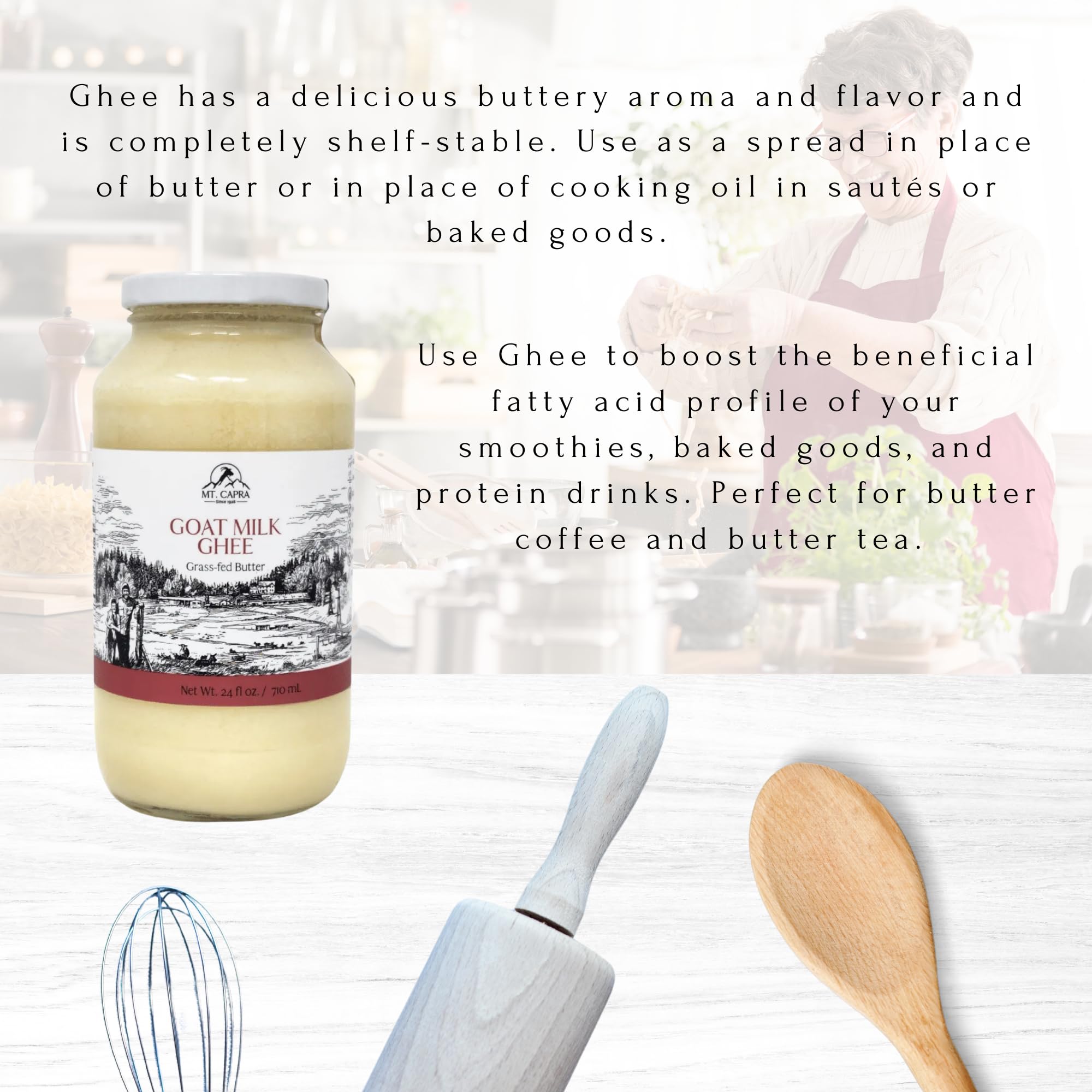 Mt. Capra Goat Milk Ghee shelf-stable, no refrigeration required.