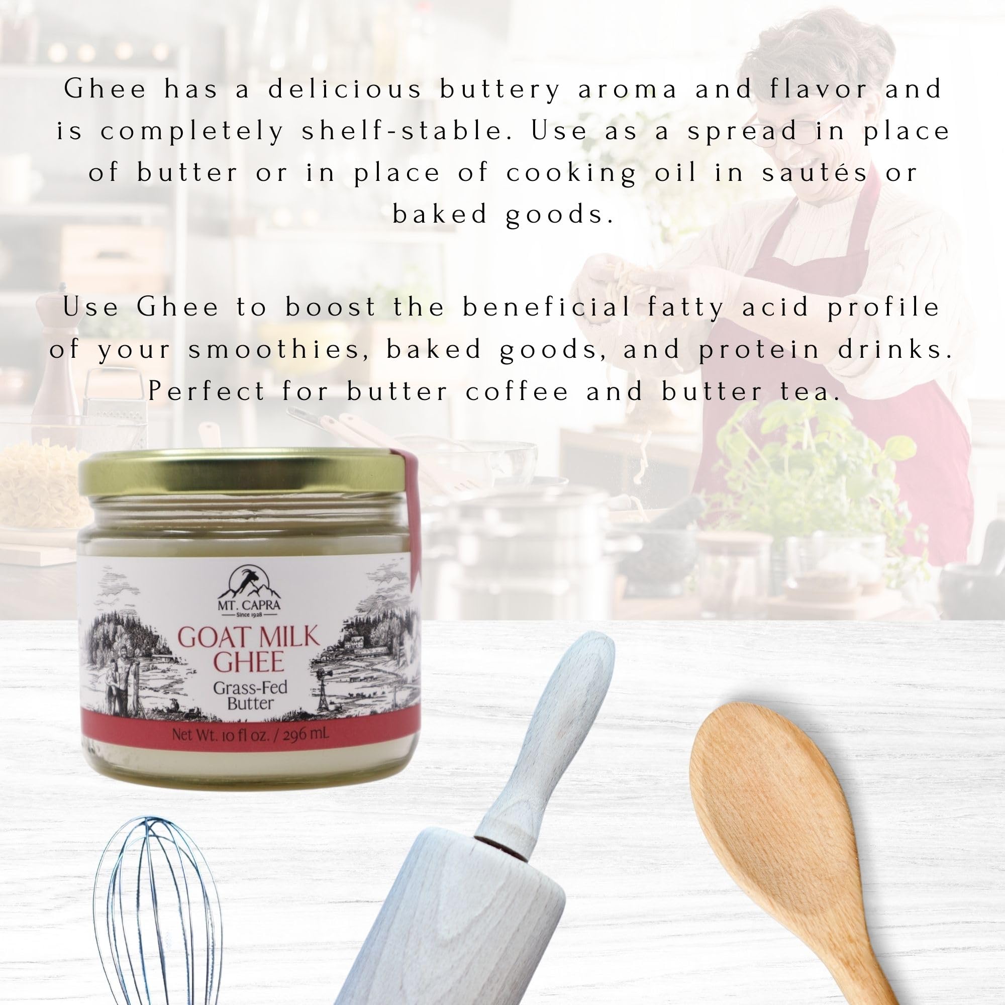Mt. Capra Goat Milk Ghee on a pantry shelf for shelf-stable storage.