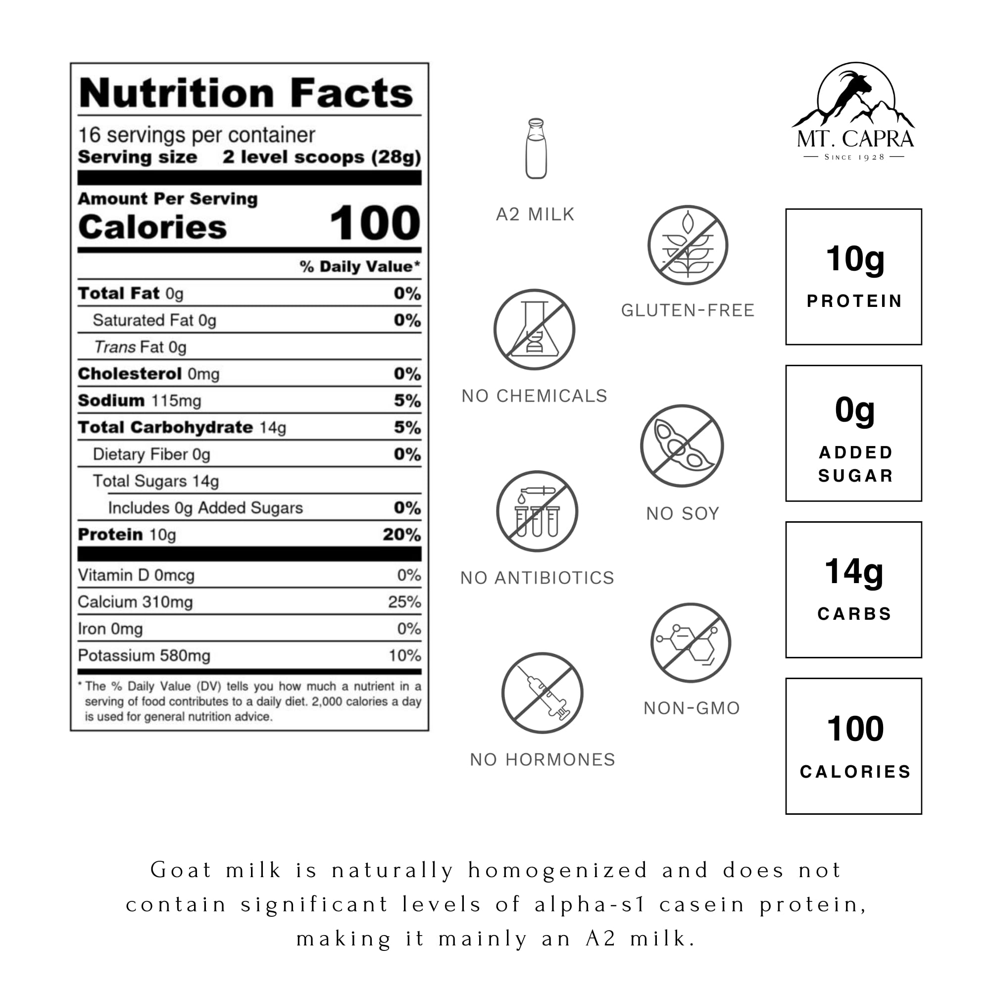Mt Capra Non-Fat Goat Milk Powder with scoop measuring the powder for easy prep.