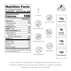 Mt Capra Non-Fat Goat Milk Powder with scoop measuring the powder for easy prep.