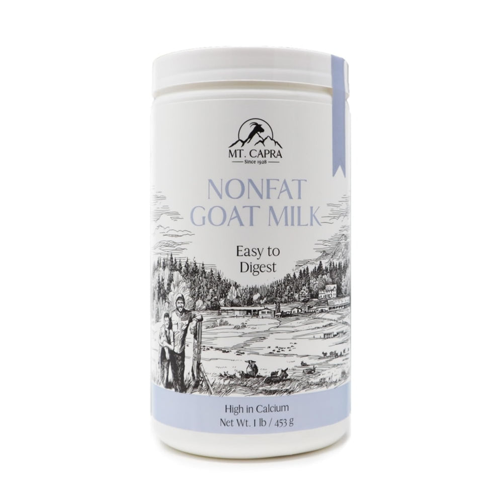 Mt Capra Non-Fat Goat Milk Powder tub close-up showing creamy texture for everyday use.