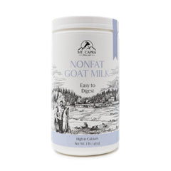 Mt Capra Non-Fat Goat Milk Powder tub close-up showing creamy texture for everyday use.