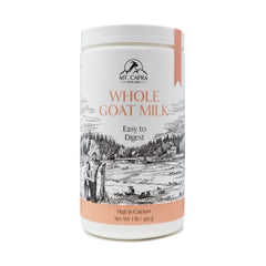 Mt Capra Whole Goat Milk Powder jar closeup shows creamy texture ideal for easy mixing
