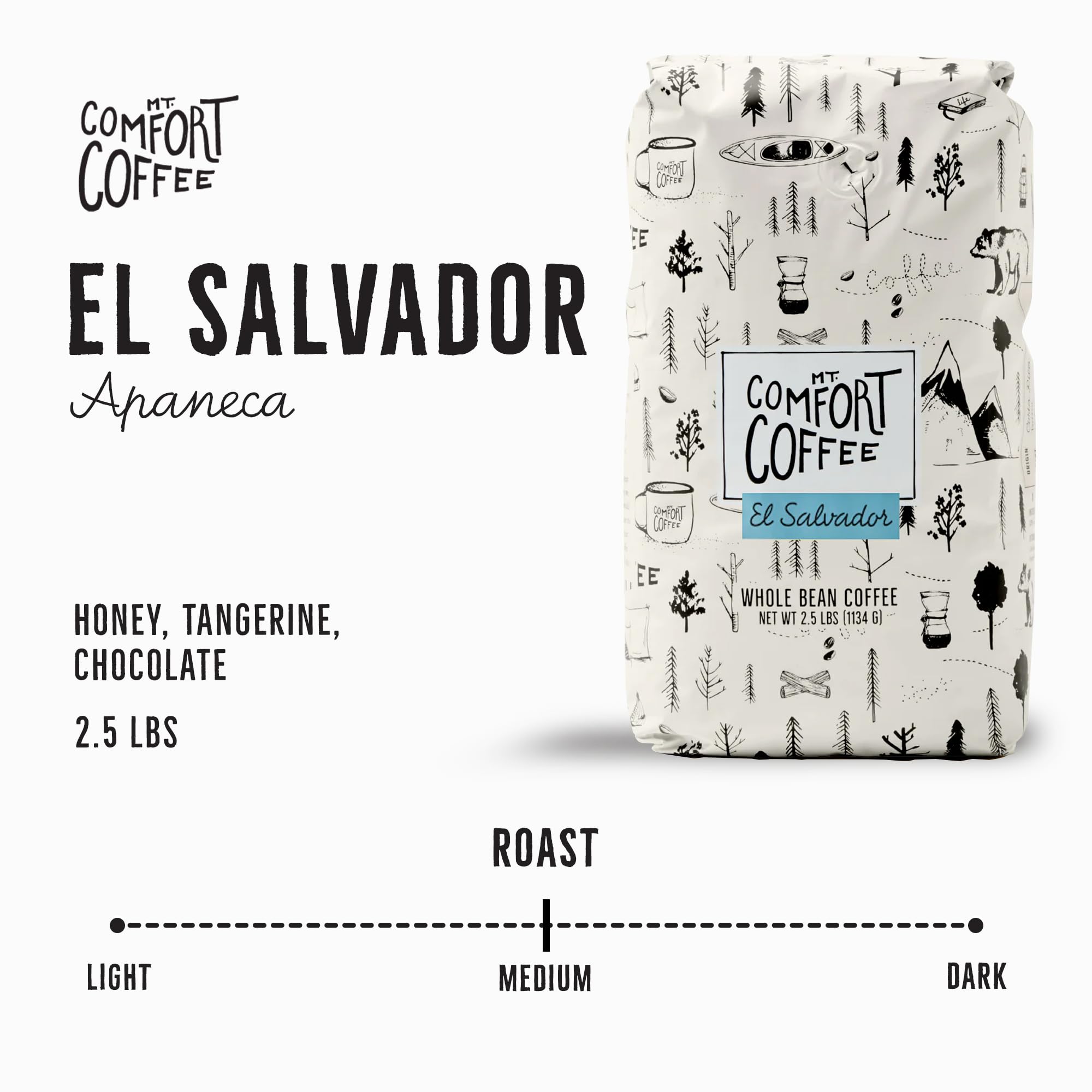 Mt. Comfort Coffee El Salvador Medium Roast bag front displays premium beans and balanced profile
