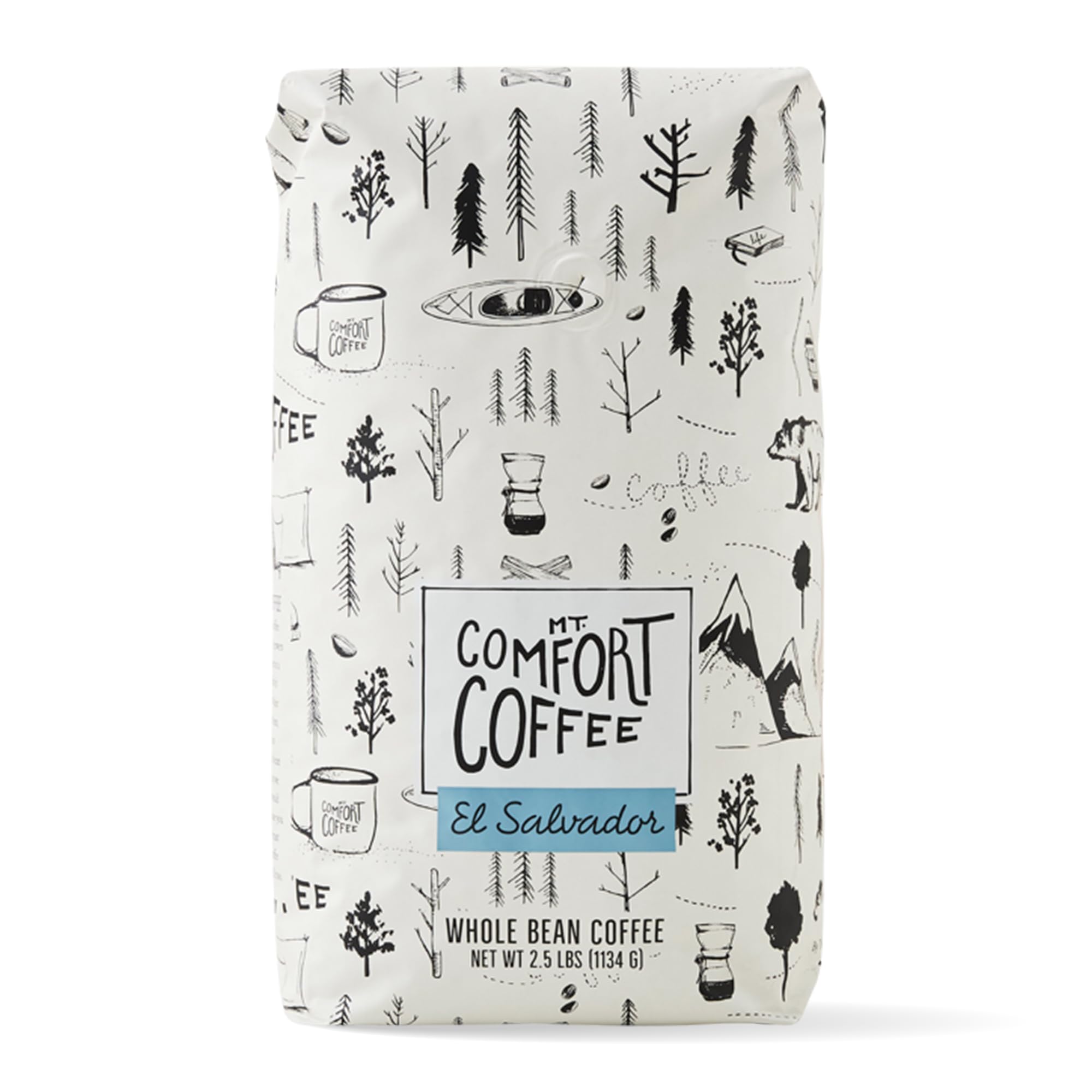 Mt. Comfort Coffee El Salvador Medium Roast pack shot with resealable bag and freshness focus
