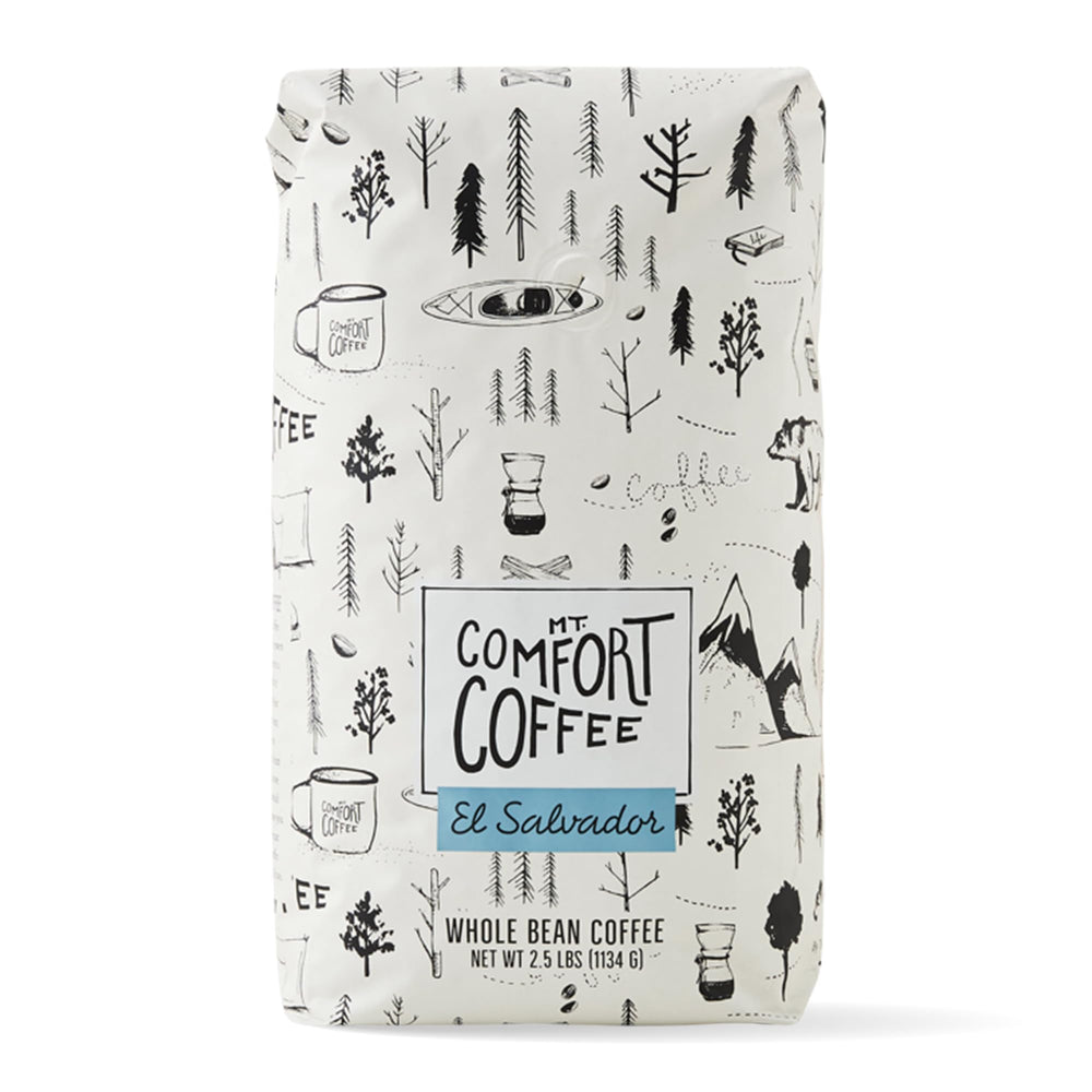 Mt. Comfort Coffee El Salvador Medium Roast pack shot with resealable bag and freshness focus