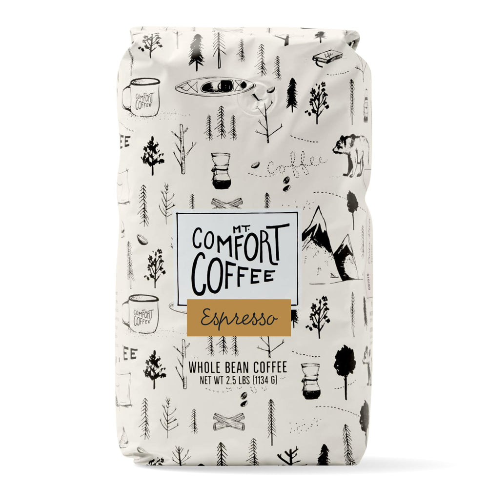 Mt. Comfort Coffee Espresso Roast bag ready for home brewing with bold flavor.