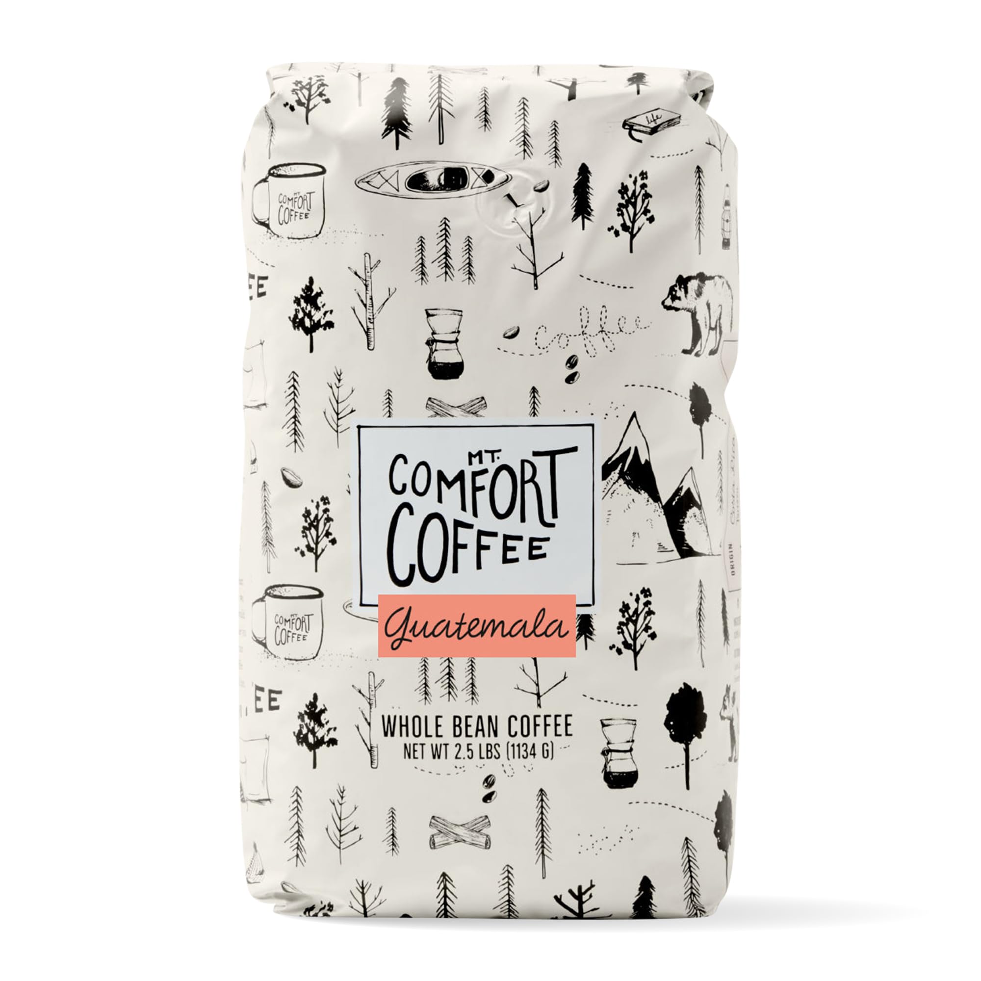 Mt. Comfort Coffee Guatemala Medium Roast whole-bean bag for long-lasting freshness.