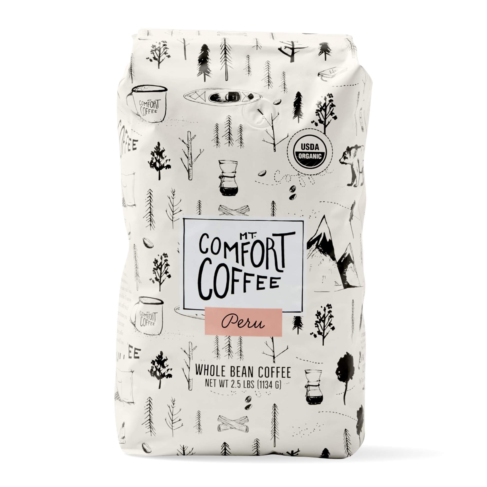 Mt. Comfort Coffee Organic Peru Medium Roast whole beans in a 2.5 lb bag ready for grinding.