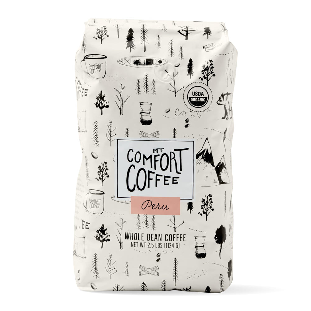 Mt. Comfort Coffee Organic Peru Medium Roast whole beans in a 2.5 lb bag ready for grinding.