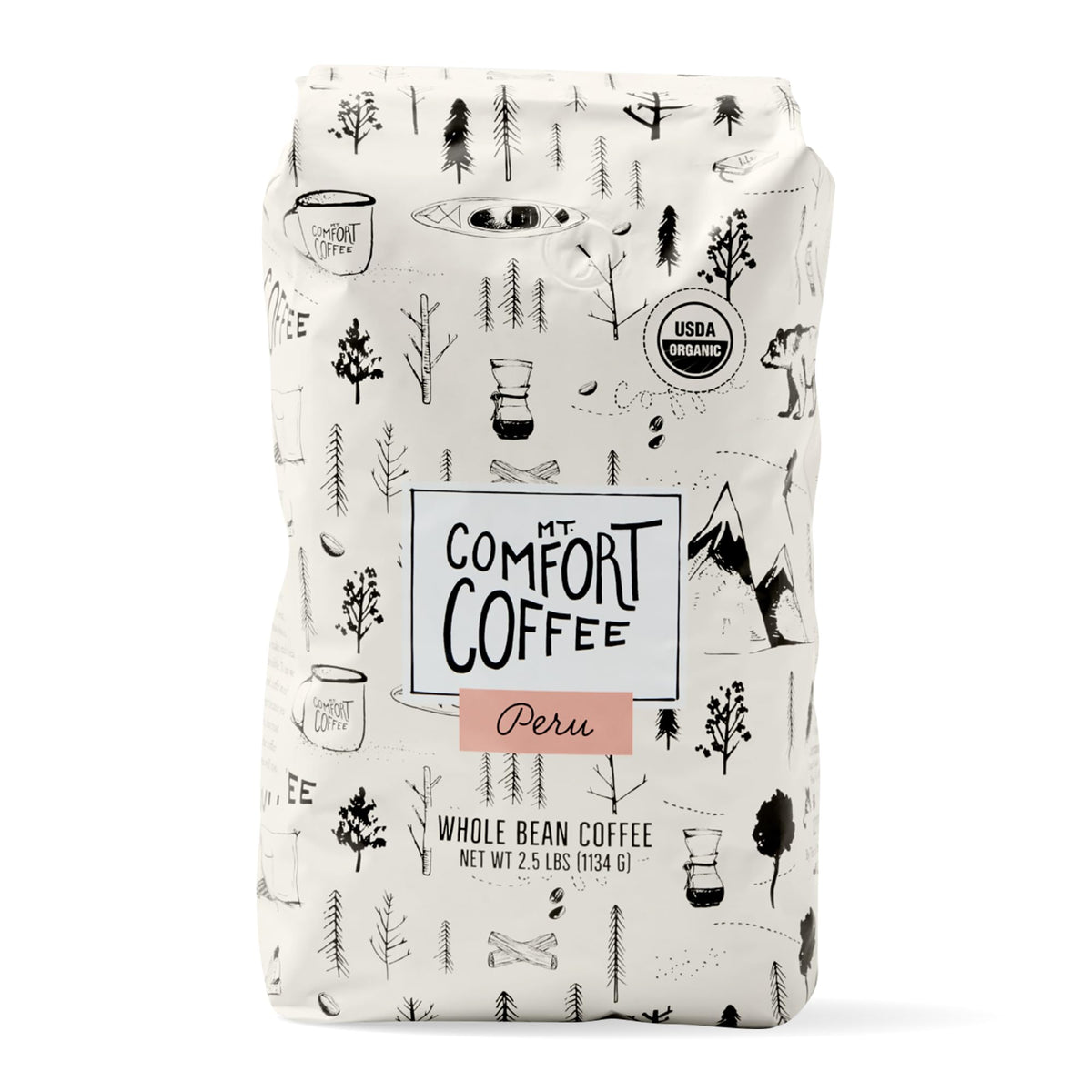 Mt. Comfort Coffee Organic Peru Medium Roast whole beans in a 2.5 lb bag ready for grinding.