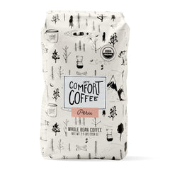 Mt. Comfort Coffee Organic Peru Medium Roast whole beans in a 2.5 lb bag ready for grinding.