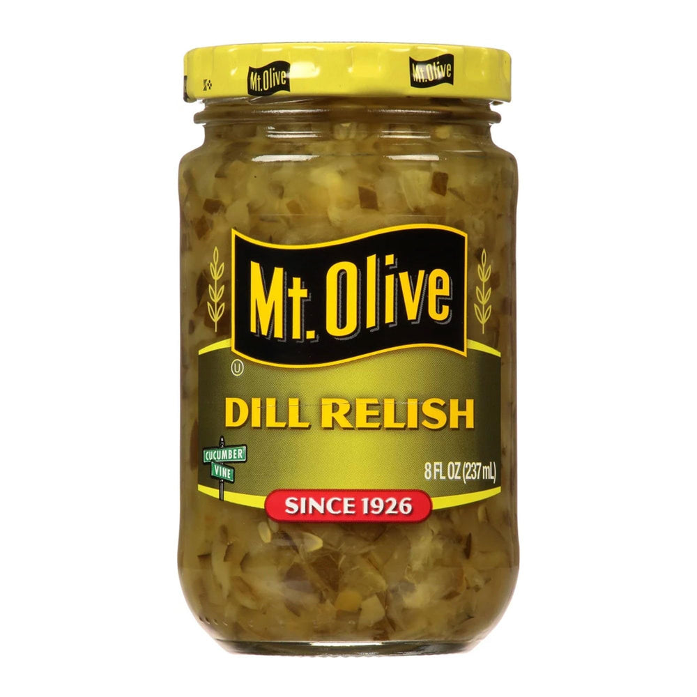 Mt. Olive Dill Relish serving on plate, ideal for hot dogs and salads.