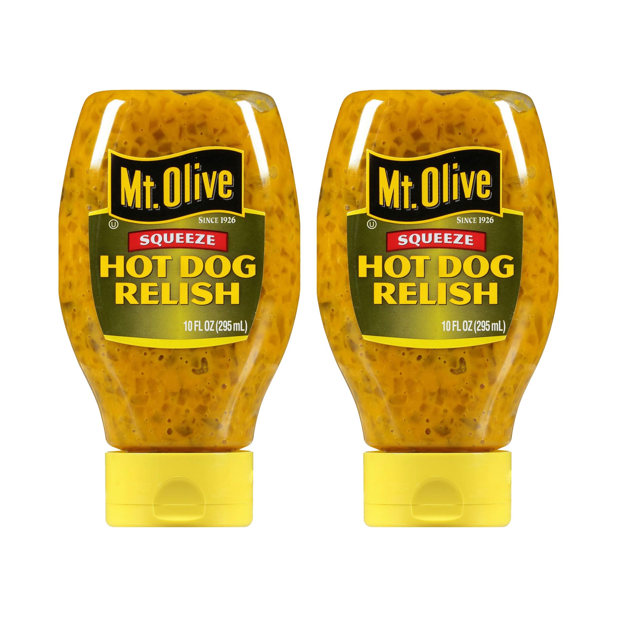 Mt. Olive hot dog relish squeezable pack, easy topping for quick meals.