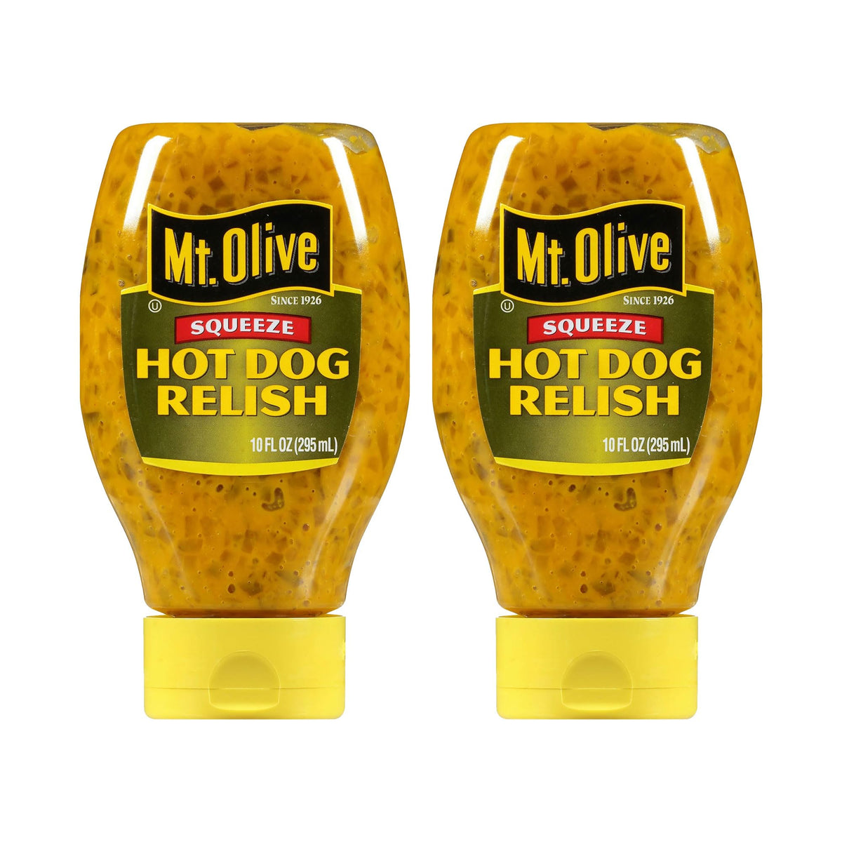 Mt. Olive hot dog relish squeezable pack, easy topping for quick meals.