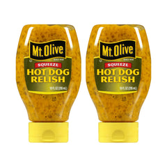 Two-pack Mt. Olive relish for gatherings, versatile condiment on hot dogs and burgers.