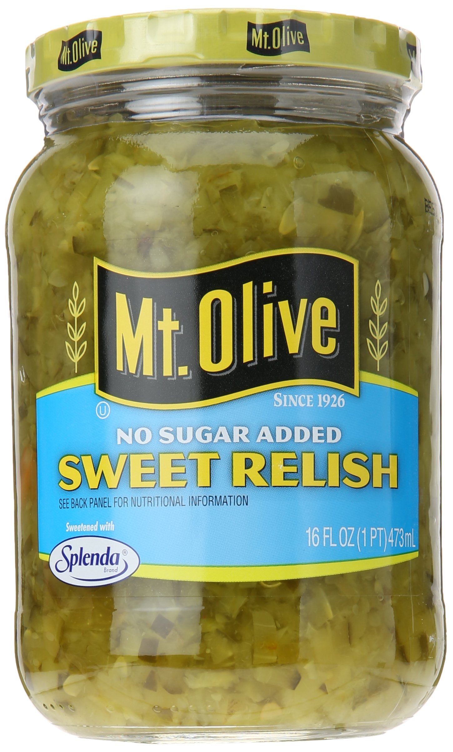 Mt. Olive no added sugar sweet relish jar front for quick sandwiches.