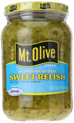 Mt. Olive no added sugar sweet relish jar front for quick sandwiches.