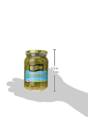 Mt. Olive no added sugar sweet relish packaging on shelf.