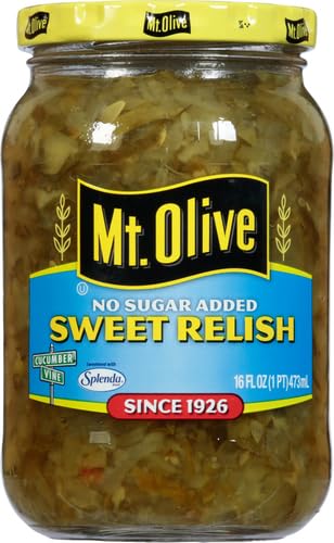 Mt. Olive no added sugar sweet relish spoon dipping for burgers.