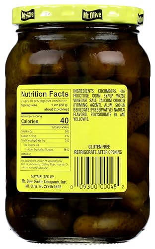 Mt Olive Sweet Gerkins Pickles 16 oz jar open for ready to eat snacking.