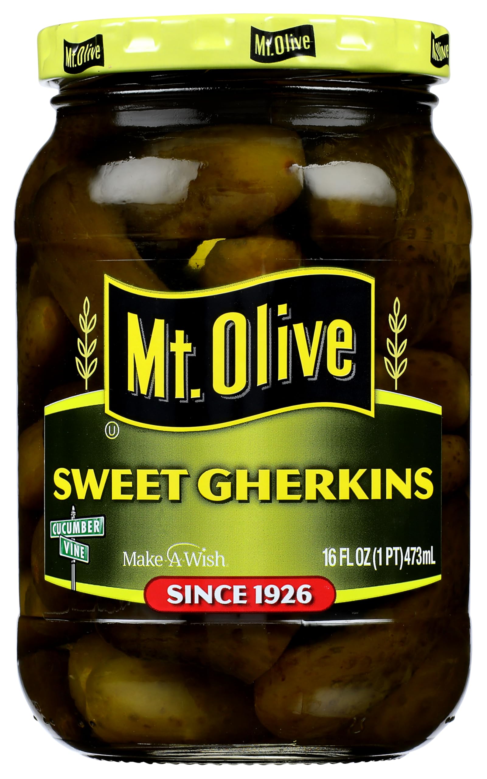 Mt Olive Sweet Gerkins Pickles 16 oz packaging, ideal pantry staple for quick snacking.