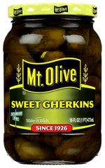 Mt Olive Sweet Gerkins Pickles 16 oz packaging, ideal pantry staple for quick snacking.