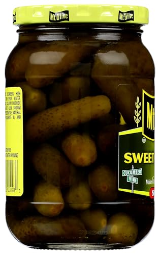 Mt Olive Sweet Gerkins Pickles 16 oz sliced gherkin on plate as a tangy side.