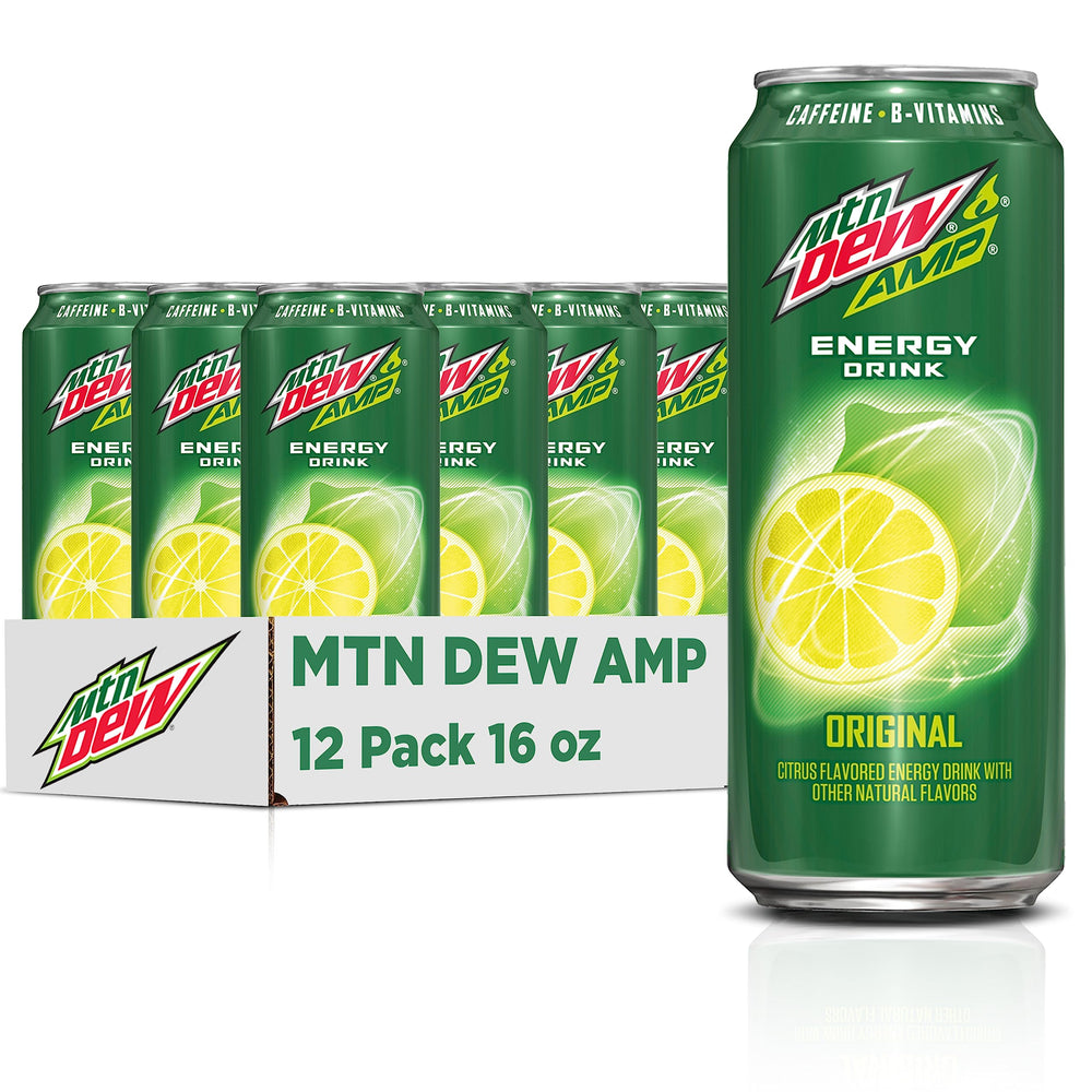 Mtn Dew AMP Energy Original can front showing bold citrus flavor.