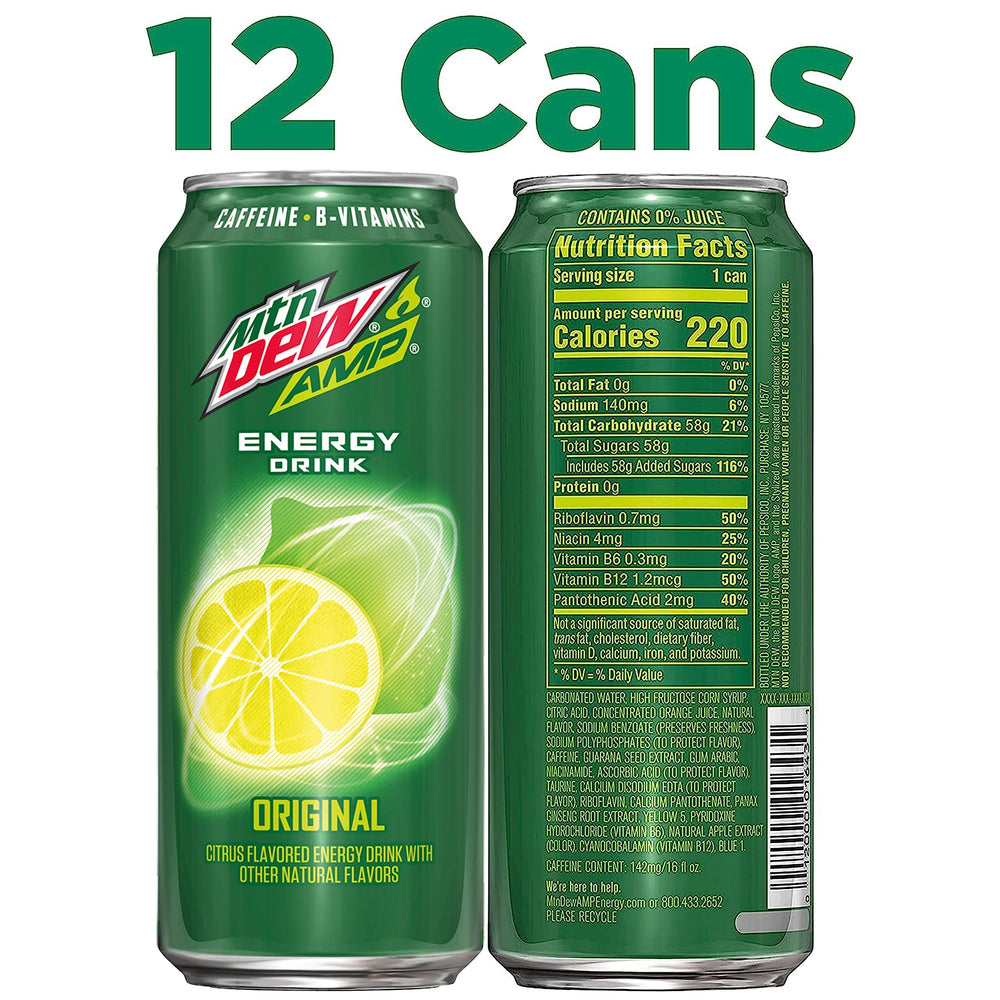 Mtn Dew AMP Energy Original twelve can pack arrangement.
