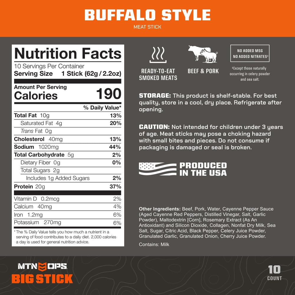 MTN OPS Big Stick buffalo-style; individually wrapped sticks ideal for travel snacking
