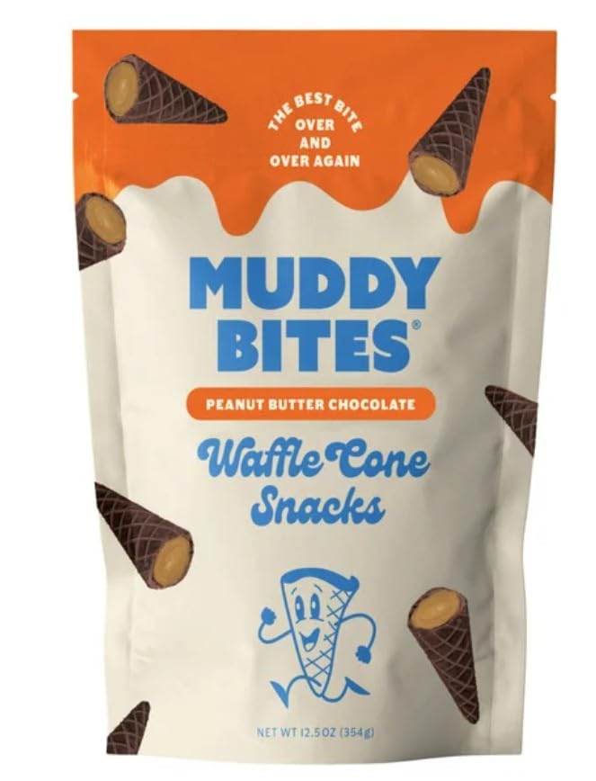 Muddy Bites peanut butter chocolate waffle cone—front view, perfect on-the-go snack.