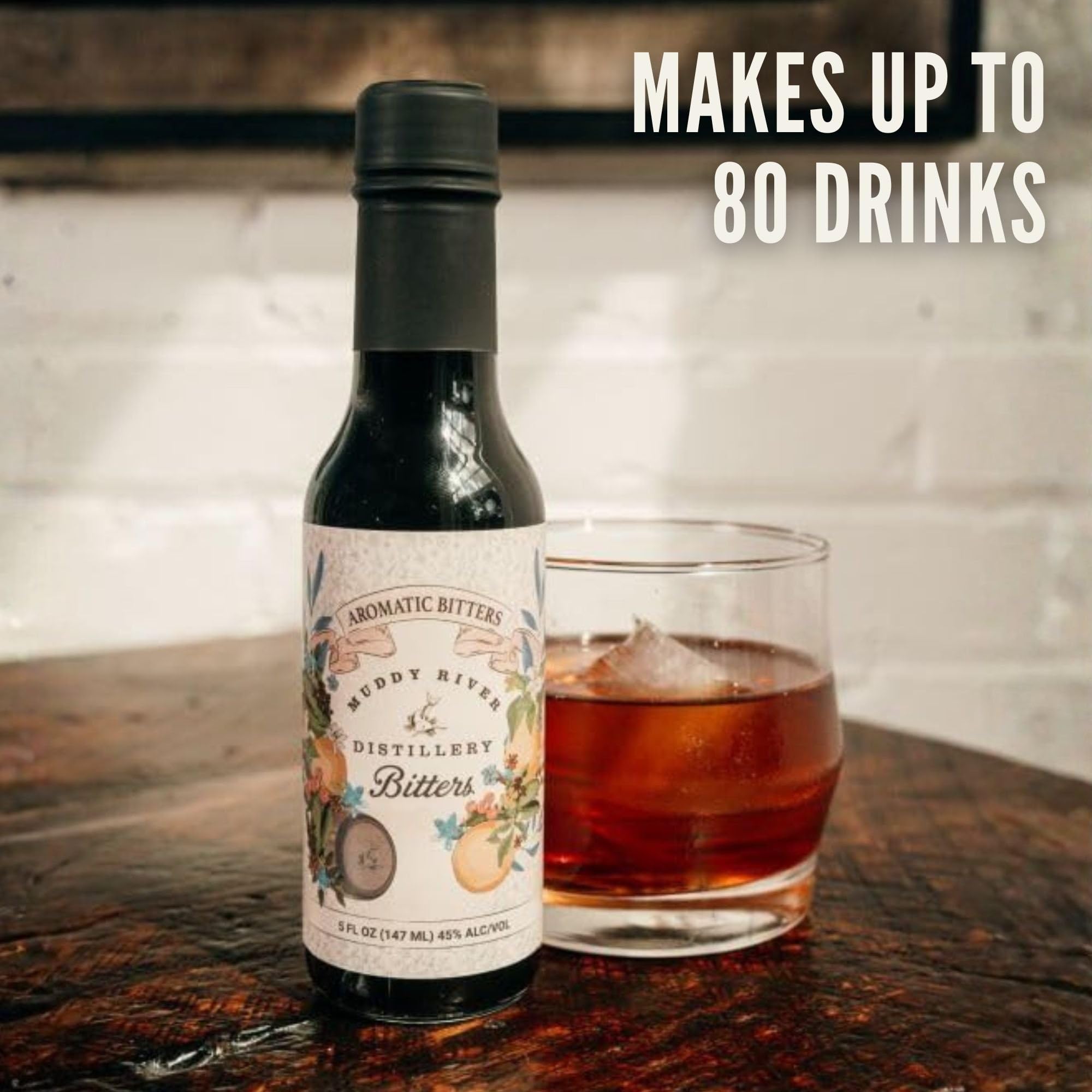 Close-up of Muddy River Aromatic Bitters bottle; ideal for enhancing cocktails.