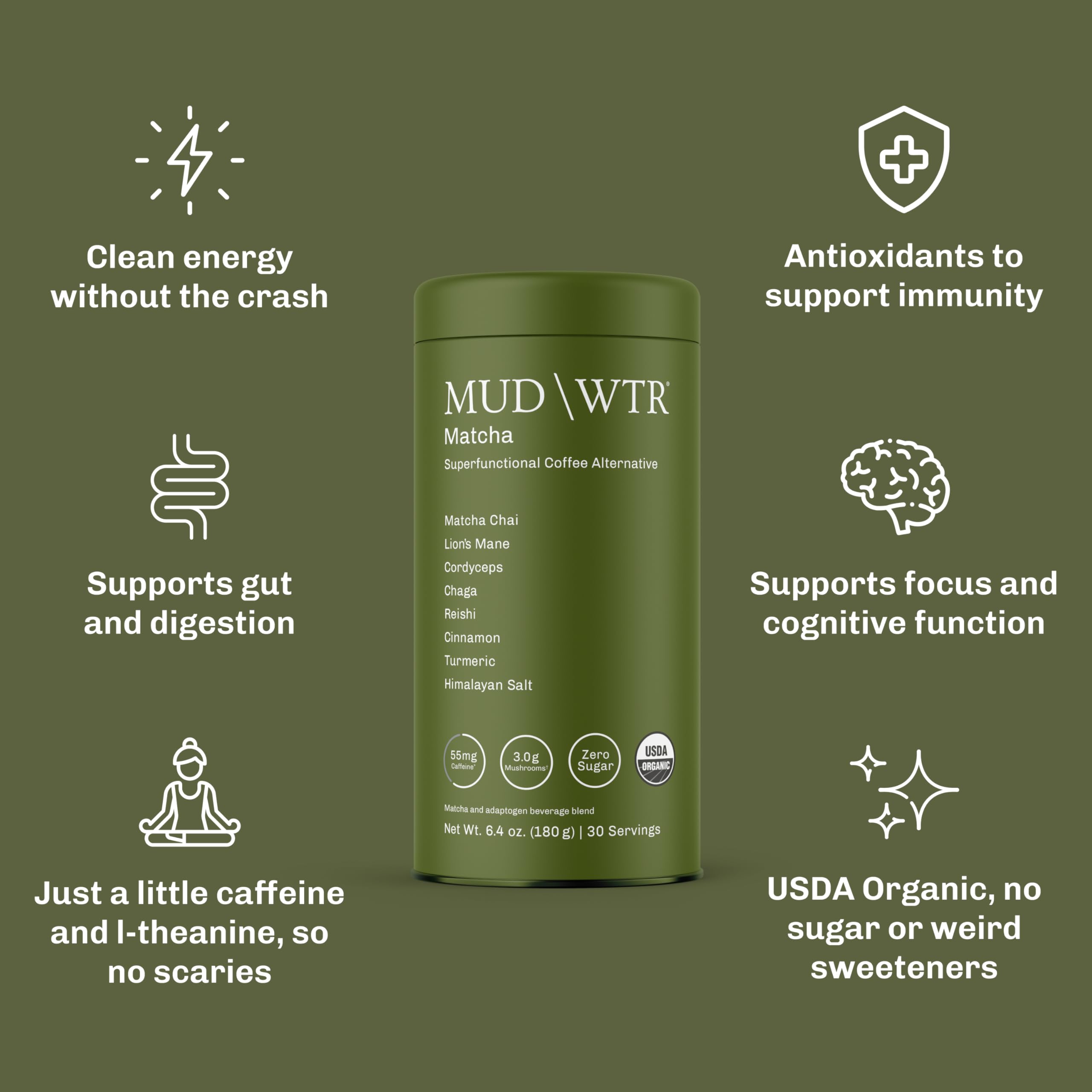 MUDWTR Organic jar label on a clean counter highlighting organic quality