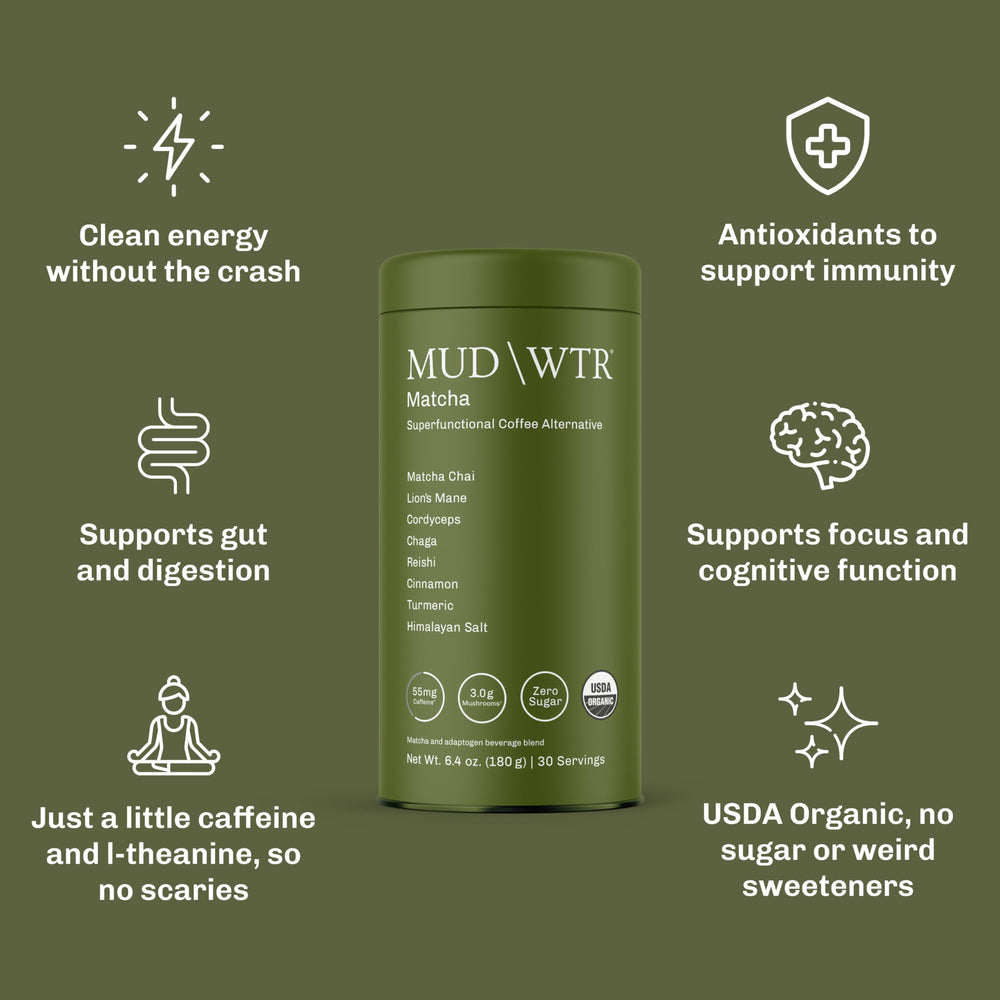 MUDWTR Organic jar label on a clean counter highlighting organic quality